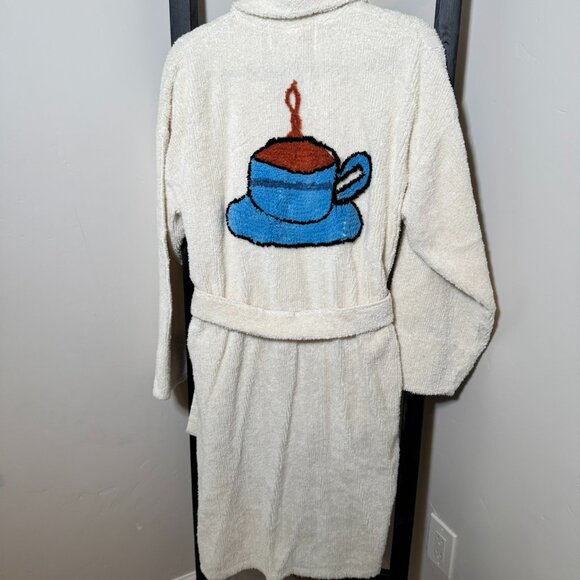 Stan Herman Cream Chenille Robe — Blue Pocket Scoop & Blue Coffee Back - VINTAGE - Picture 4 of 8